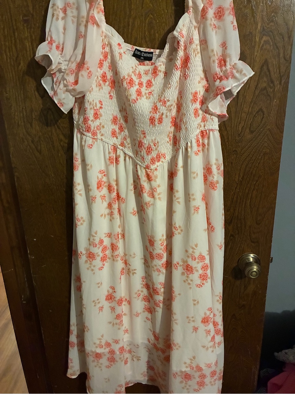 Floral Smocked womens Dress - Cream with Coral Pink Flowers